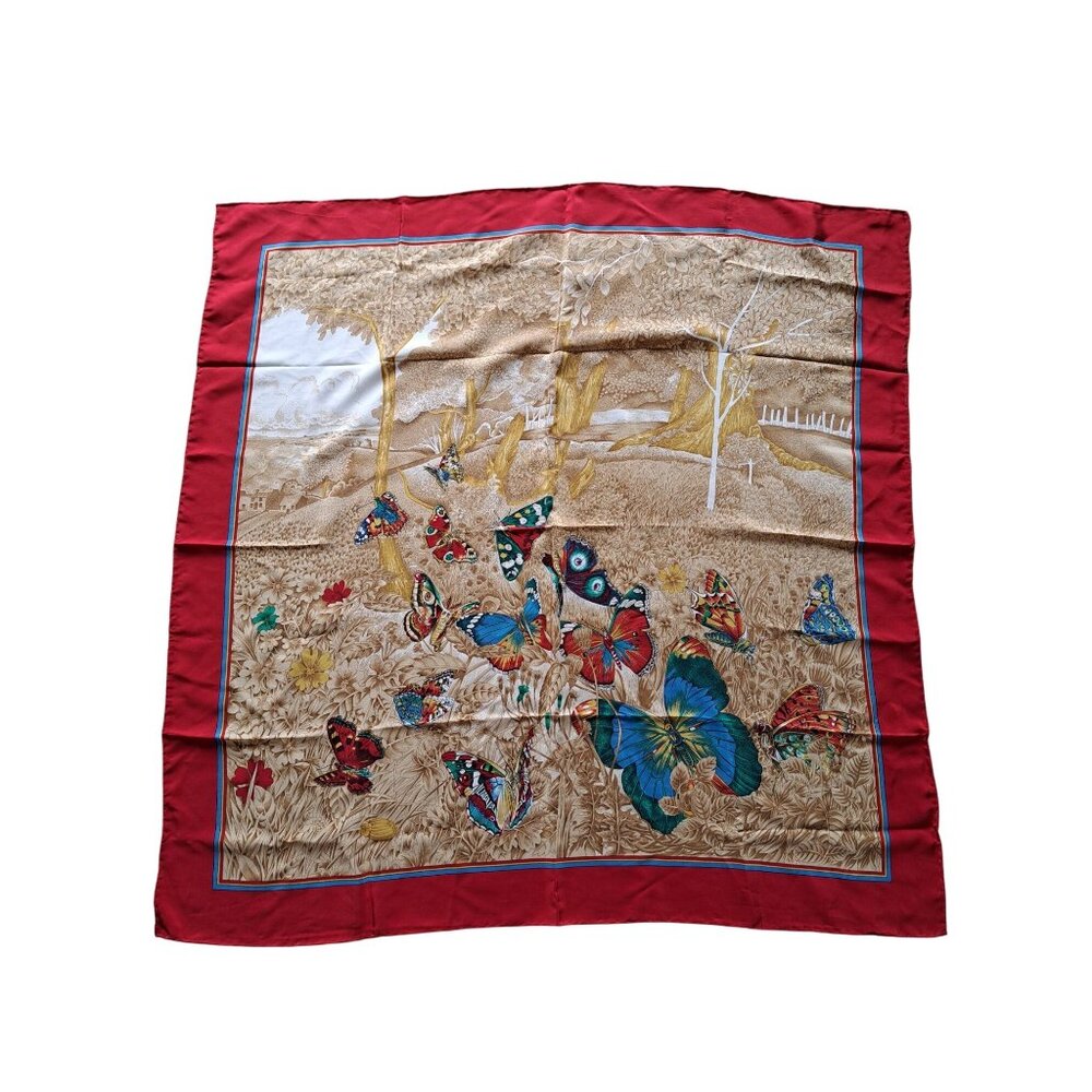 Vintage Italy Silk Butterfly Print Scarf With Red Border 34" X 34" Square